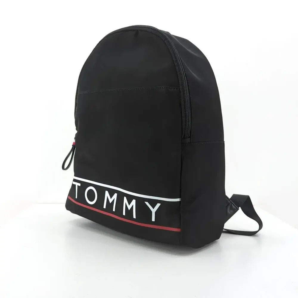 TOMMY HILFIGER Nylon Backpack Black Logo Zip School Academia Preppy Logo NEW